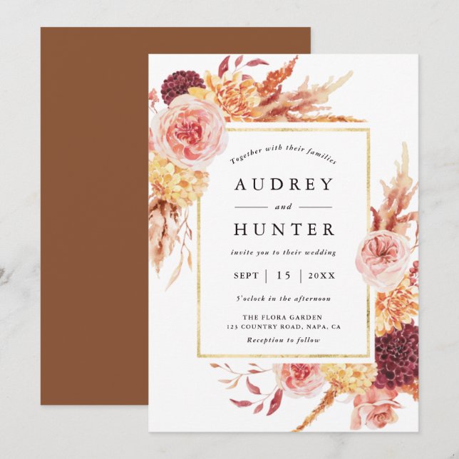 Boho Burgundy Terracotta Flower Gold Frame Wedding Invitation (Front/Back)