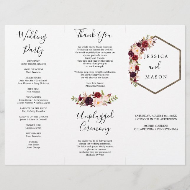 Boho Burgundy Tri-Fold Wedding Program (Front)