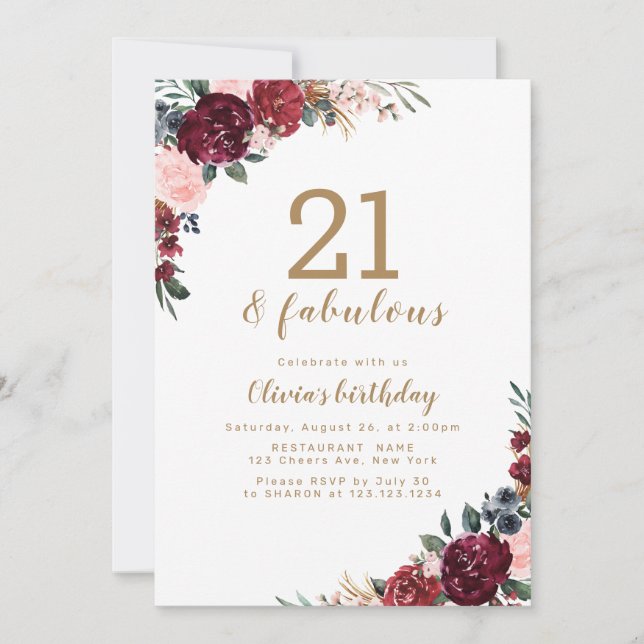 Boho burgundy watercolor floral 21st birthday invitation (Front)