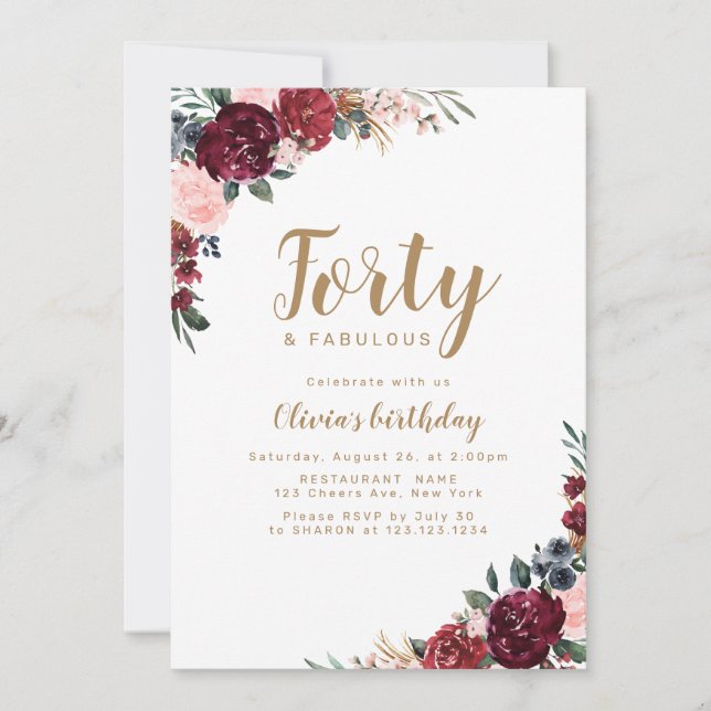 Boho burgundy watercolor floral 40th birthday invitation (Front)
