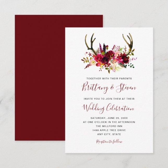 Boho Burgundy watercolor floral antlers Wedding Invitation (Front/Back)