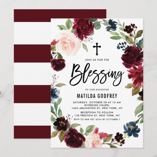 Boho Burgundy Watercolor Floral Wreath Blessing Invitation (Front/Back)