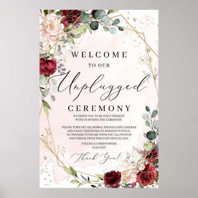 Boho burgundy welcome unplugged ceremony sign (Front)