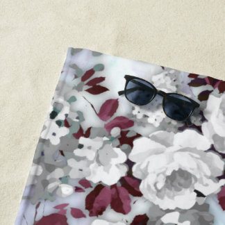 Boho burgundy white pastel marble floral pattern beach towel