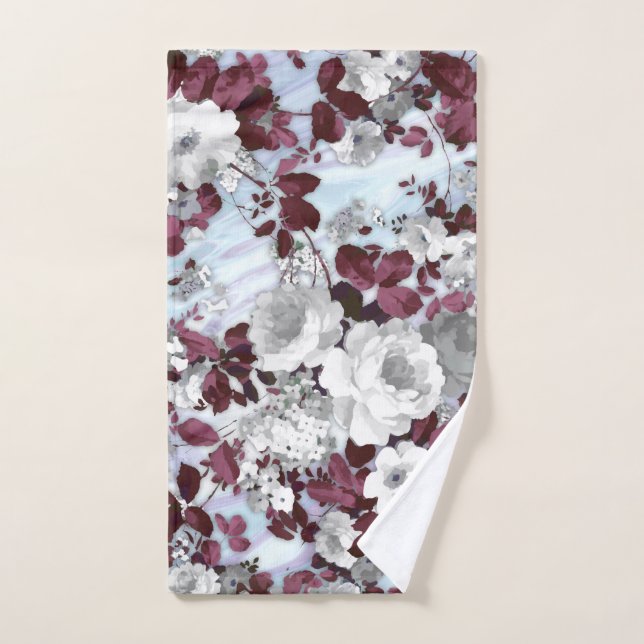 Boho burgundy white pastel marble floral pattern hand towel (Hand Towel)