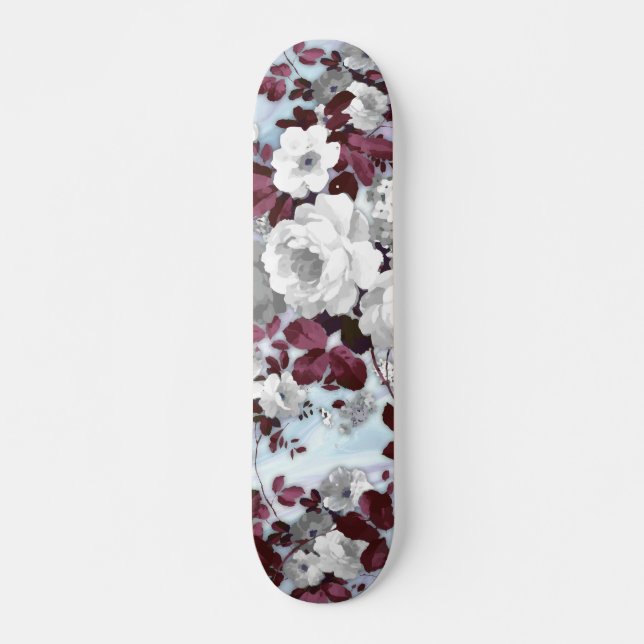 Boho burgundy white pastel marble floral pattern skateboard (Front)