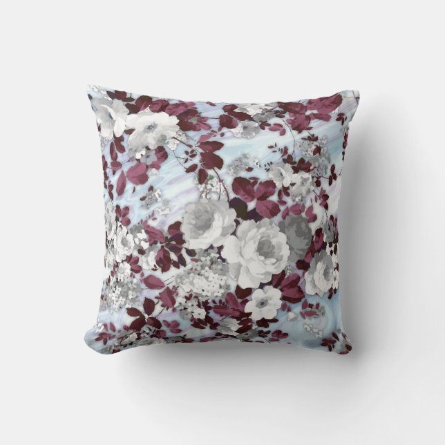 Boho burgundy white pastel marble floral pattern throw pillow (Front)