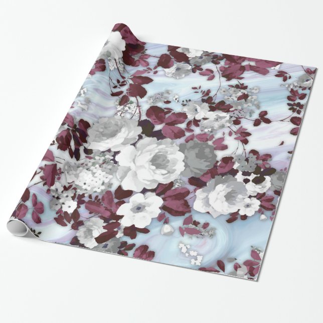 Boho burgundy white pastel marble floral pattern wrapping paper (Unrolled)
