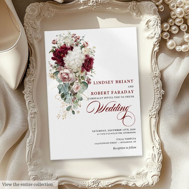 Boho Burgundy White Rose Gold Faire-part de mariag (Boho Burgundy White Rose Gold Wedding Invitation)