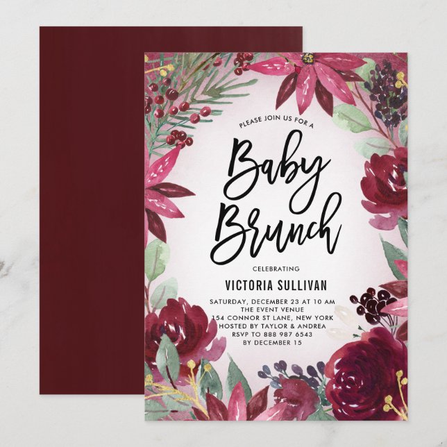 Boho Burgundy Winter Floral Baby Shower Brunch Invitation (Front/Back)