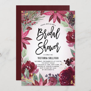 Boho Burgundy Winter Floral Frame Bridal Shower Invitation