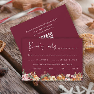 Boho Burgundy Winter Holiday Wedding QR Code RSVP Card