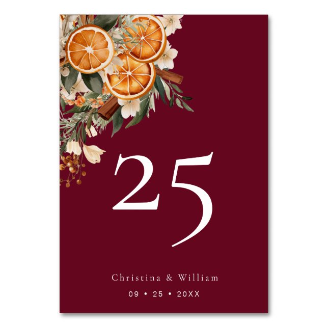 Boho Burgundy Winter Holiday Wedding Table Number (Front)