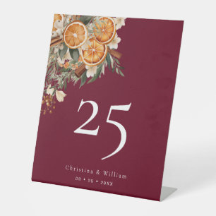 Boho Burgundy Winter Holiday Wedding Table Number Pedestal Sign