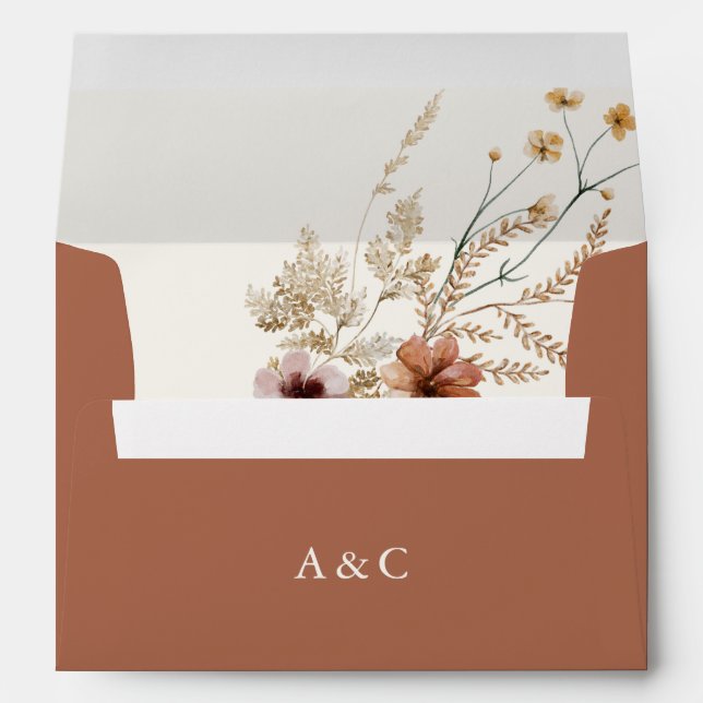 Boho Burnt Orange Automne Fleur sauvage Enveloppe  (Dos (Bas))