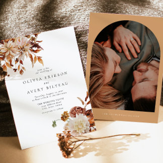 Boho Burnt Orange Autumn Fall Floral Photo Wedding Invitation