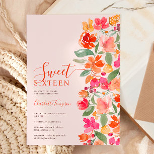 Boho burnt orange earth tone floral chic sweet 16 invitation