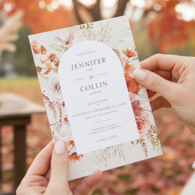 Boho Burnt Orange Fall Floral Arch Monogram Beige Invitation (Creator Uploaded)