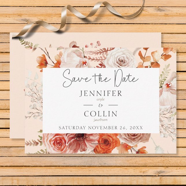 Boho Burnt Orange Fall Floral Arch Monogram Peach Save The Date (Creator Uploaded)