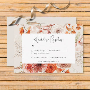 Boho Burnt Orange Fall Floral Monogram Beige RSVP Card