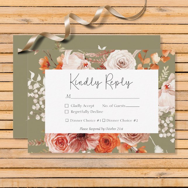 Boho Burnt Orange Fall Floral Monogram Sage RSVP Card (Creator Uploaded)
