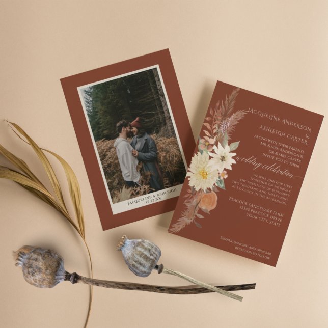 BOHO Burnt Orange Fall Floral Pampas Grass Elegant Invitation (Creator Uploaded)