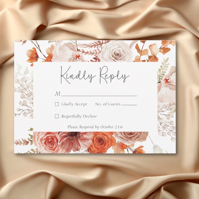 Boho Burnt Orange Fall Floral White RSVP Card (Boho Burnt Orange Fall Floral White RSVP Card)