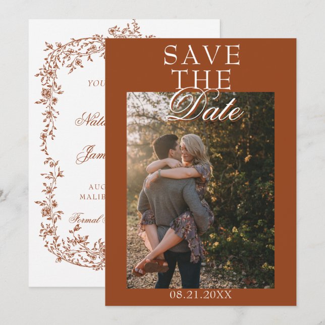 Boho Burnt Orange Floral Botanical Photo Wedding Save The Date (Front/Back)