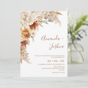 Boho Burnt Orange Floral Pampas Grass Wedding Invitation
