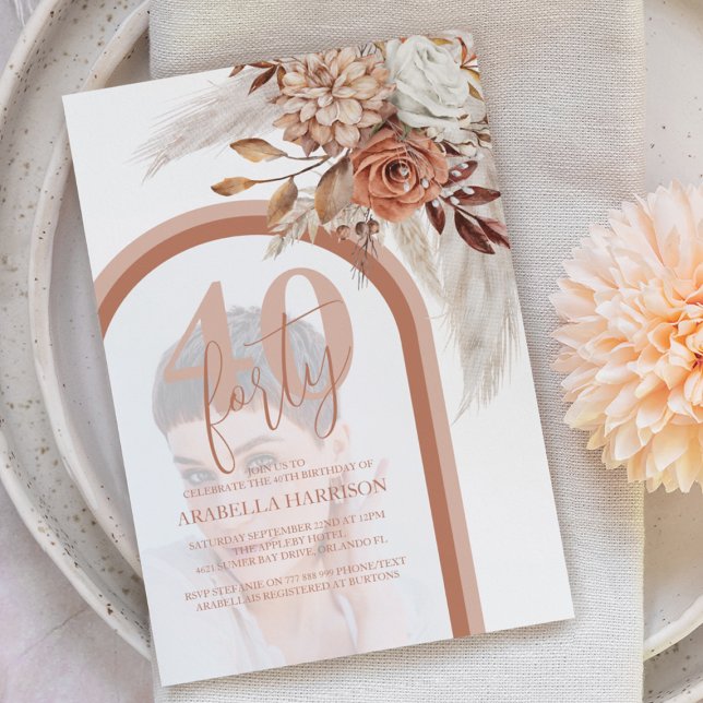 Boho Burnt Orange Floral Photo 40th Birthday Invitation (Creator Uploaded)