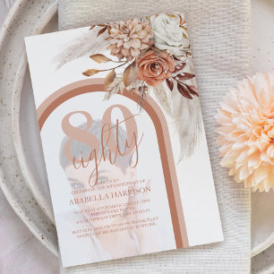 Boho Burnt Orange Floral Photo 80th Birthday I Invitation