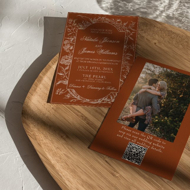 Boho Burnt Orange Floral QR Code Photo Wedding Invitation (Creator Uploaded)