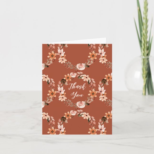 Boho Burnt Orange Floral Wreath Note Card (Front)