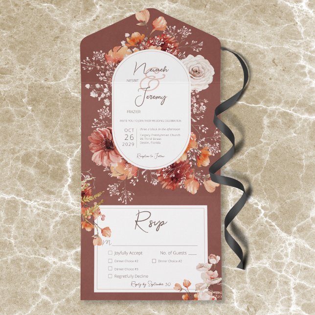 Boho Burnt Orange Rust Fall Floral 3 Dinner All In One Invitation (Boho Burnt Orange Rust Fall Floral 3 Dinner All In One Invitation)