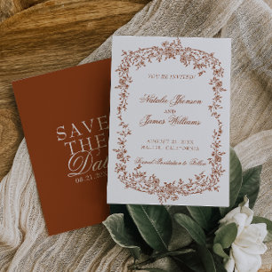Boho Burnt Orange Rust Floral Botanical Wedding Save The Date