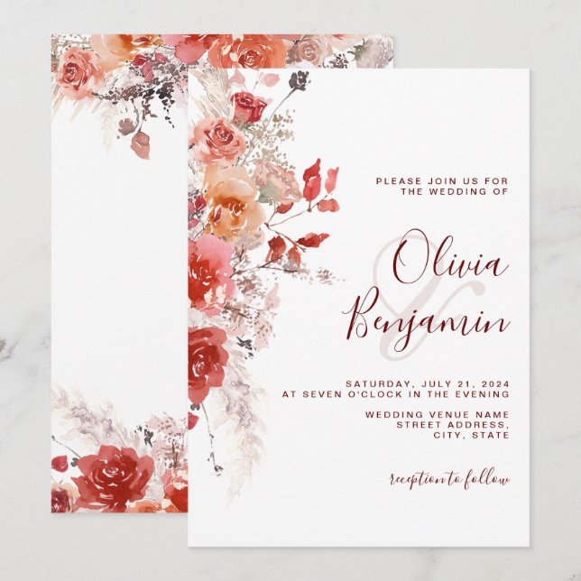 Boho Burnt Orange Rust Red Floral Pampas Wedding Invitation (Front/Back)