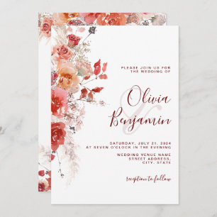 Boho Burnt Orange Rust Red Floral Pampas Wedding Invitation