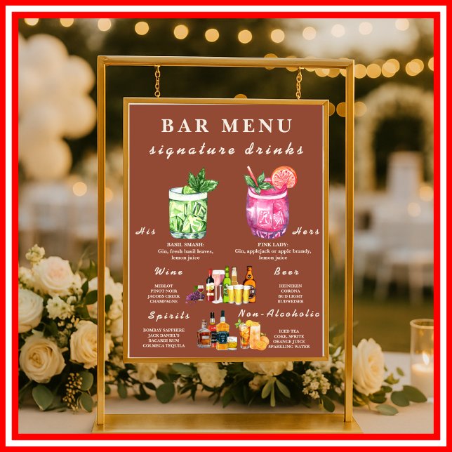 Boho Burnt Orange Terracotta Wedding Bar Menu  Poster (Creator Uploaded)