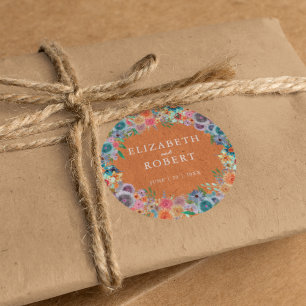 Boho Burnt Orange Wildflower Watercolor Wedding Classic Round Sticker