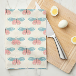 Boho Butterflies On Light Yellow Background Kitchen Towel