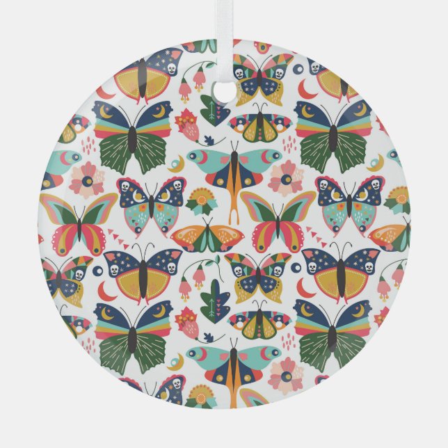 Boho Butterflies: Seamless Wallpaper Pattern. Glass Ornament (Front)