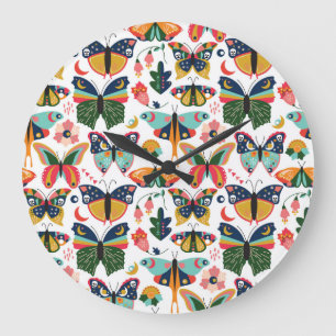 Boho Butterflies: Seamless Wallpaper Pattern. Large Clock