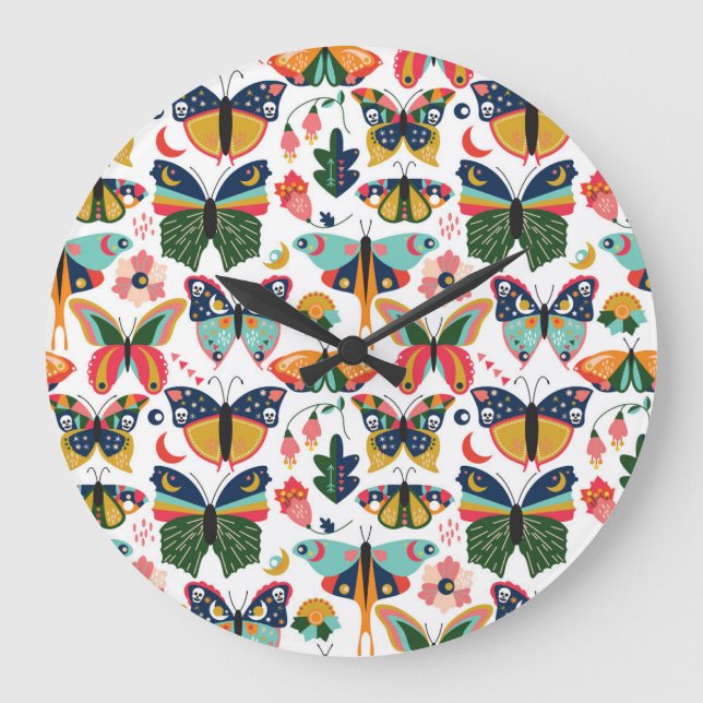 Boho Butterflies: Seamless Wallpaper Pattern. Large Clock (Front)