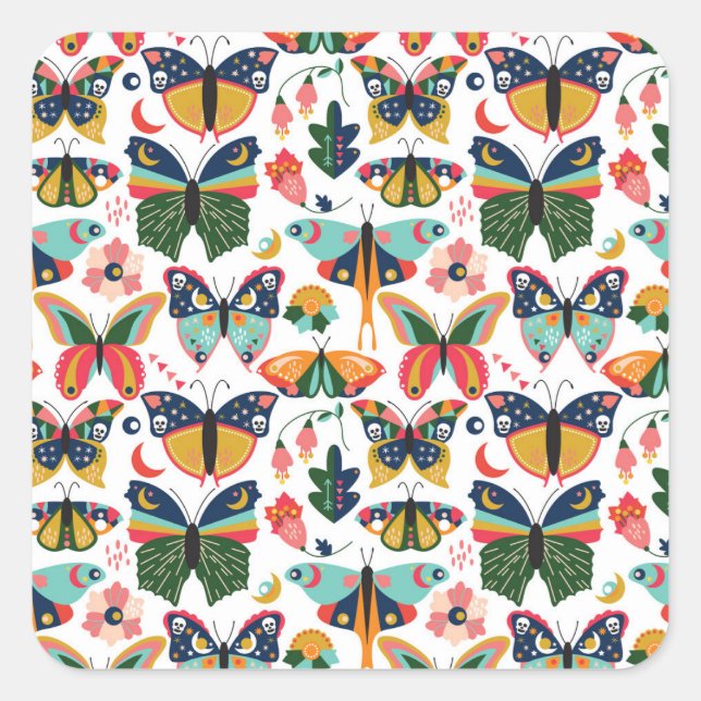 Boho Butterflies: Seamless Wallpaper Pattern. Square Sticker (Front)