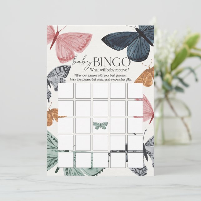 Boho Butterfly Baby Shower Baby Bingo Game Invitation (Standing Front)