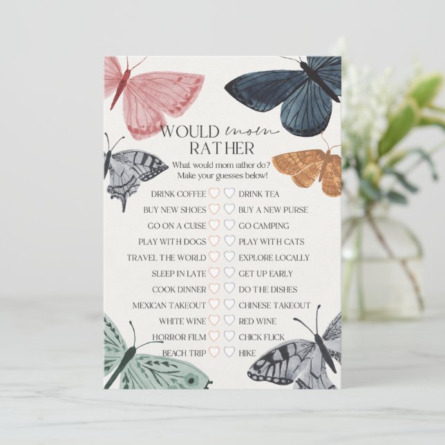 Boho Butterfly Baby Shower Would Mom Rather Game Invitation (Standing Front)