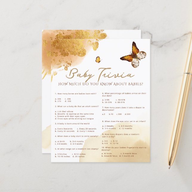 Boho Butterfly Baby Trivia Baby Shower Game (Front/Back In Situ)