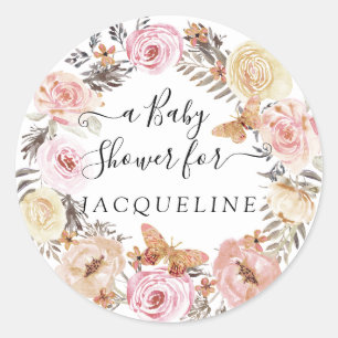 Boho Butterfly Blush Floral Wreath Watercolor Baby Classic Round Sticker