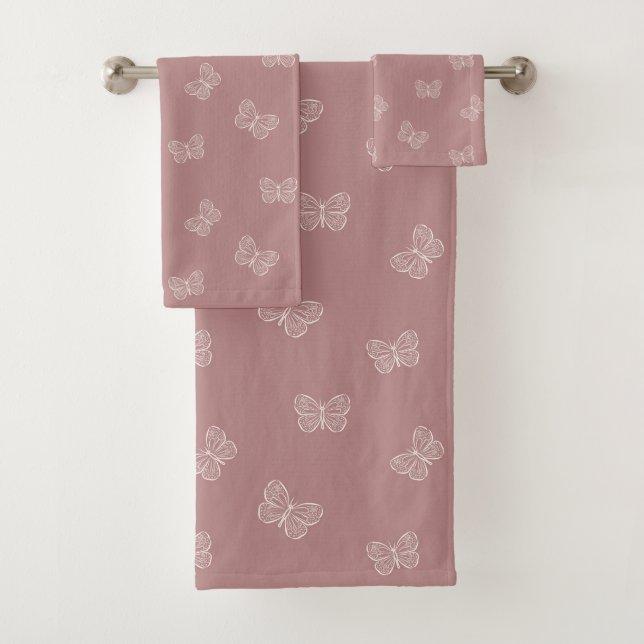 Boho Butterfly Pattern Neutral Modern Pink Mauve Bath Towel Set (Insitu)