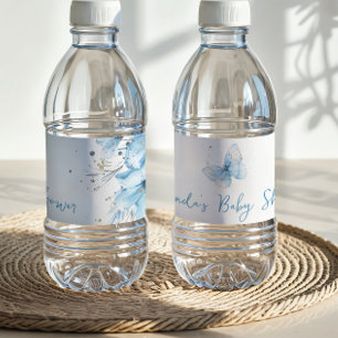 Boho Butterfly Wildflower Floral Blue Baby Shower Water Bottle Label